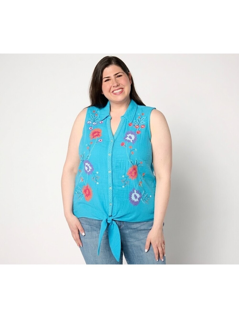Susan Graver PASSPORT Embroidered Cotton Gauze Tie-Front Shirt Blue/Melon, 1X